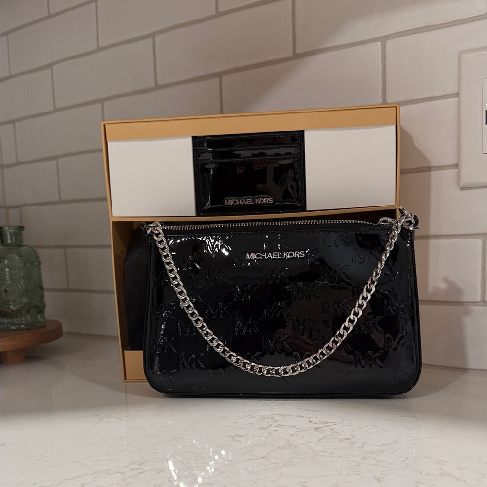 NWT Michael Kors Black Patent Clutch with Chain & Card Holder